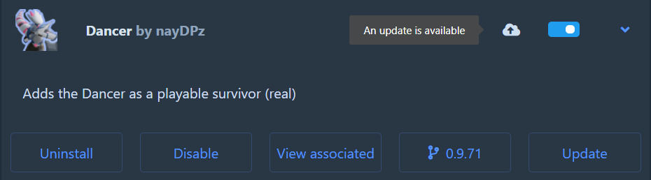 R2ModMan installed mod card showing an available update with Update button