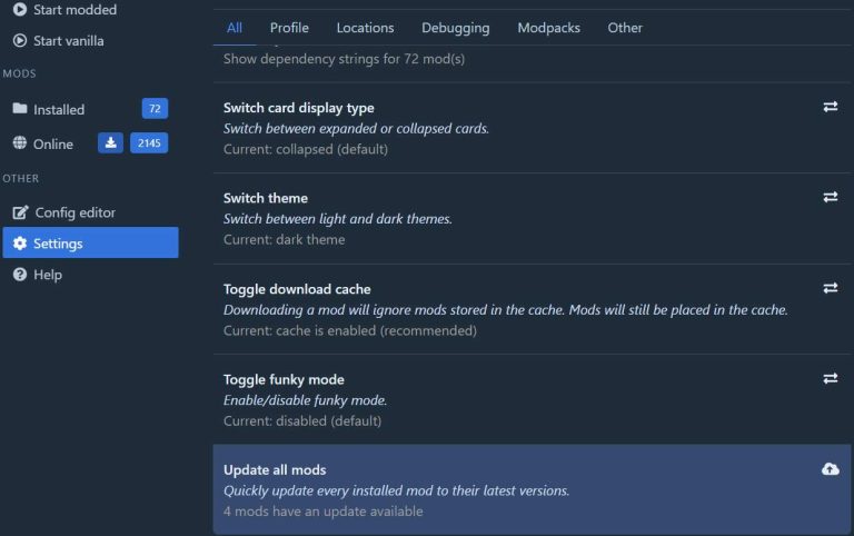 R2ModMan Settings screen with Update all mods option highlighted