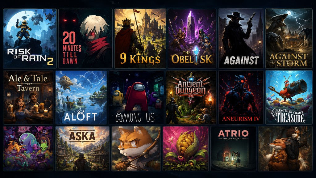 Wide screenshot collage of Unity games available inside R2ModMan