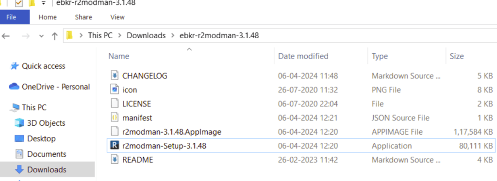 File Explorer open on extracted R2ModMan folder with setup executable selected
