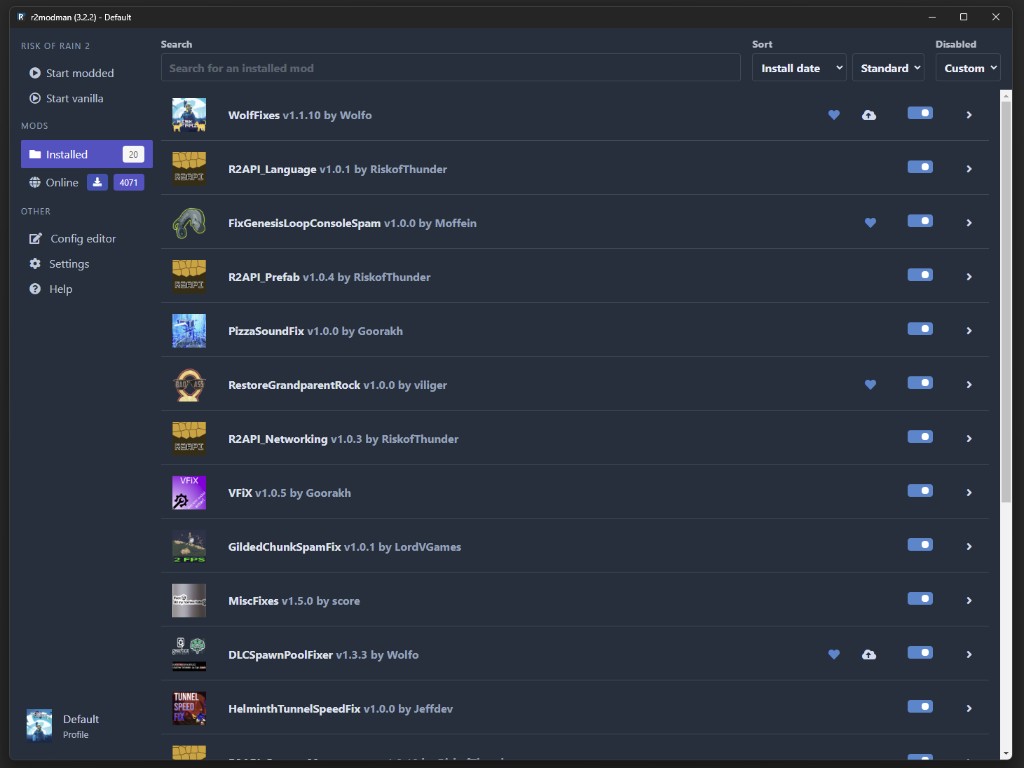 Installed mods tab with toggles and pending update markers