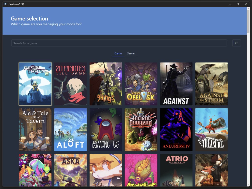 R2ModMan game picker grid with searchable Thunderstore titles