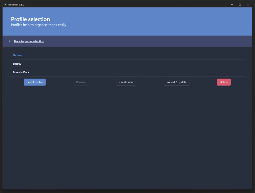 Profile list in R2ModMan with Default, Empty, and Friends Pack slots