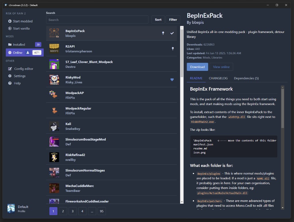 Thunderstore package page for BepInExPack inside R2ModMan